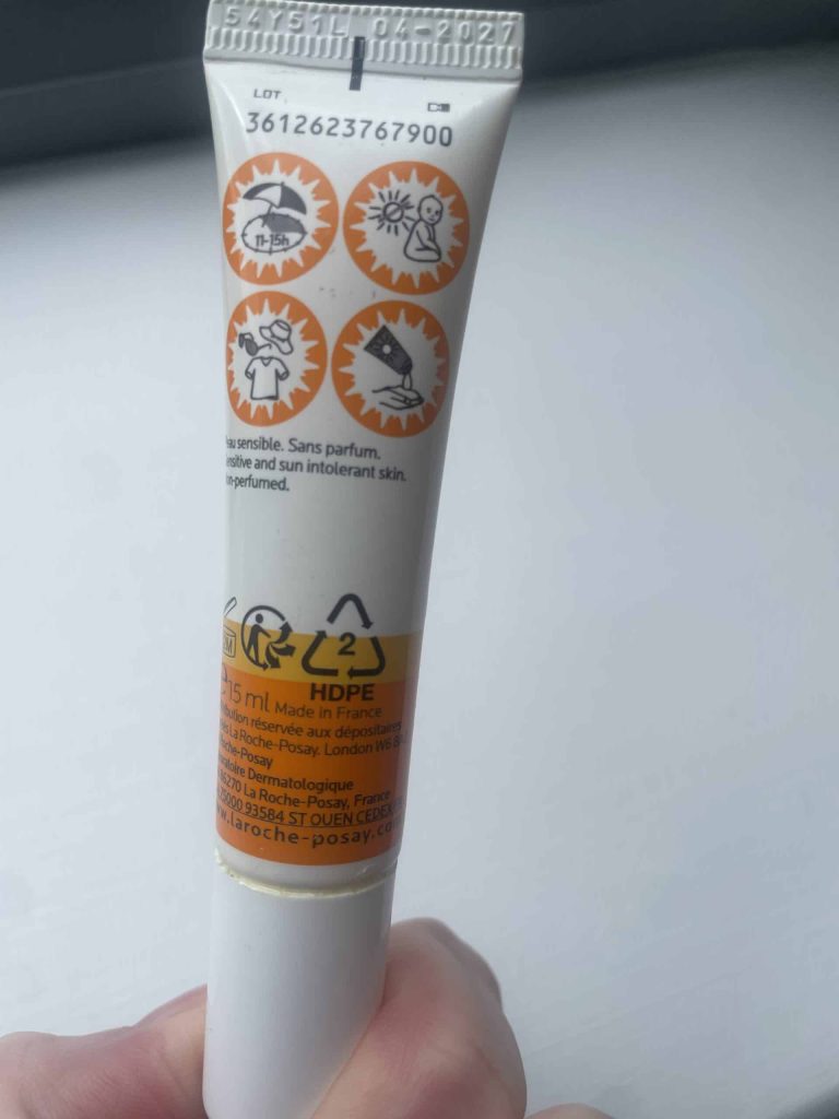 The reverse side of a La Roche-Posay sunscreen tube showing product directions, sun protection symbols, recycling logos, and barcode 3612623767900.